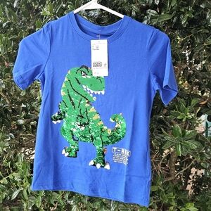 Boys Size 6/7 Small H & M Blue T-Shirt Sequin Dinosaur NWT Jurassic Short Sleeve